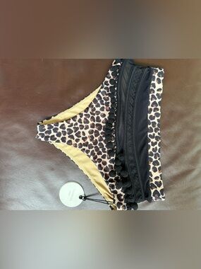 Tularosa Leopard Print Bikini Bottom with Black Pom-Pom Trim
